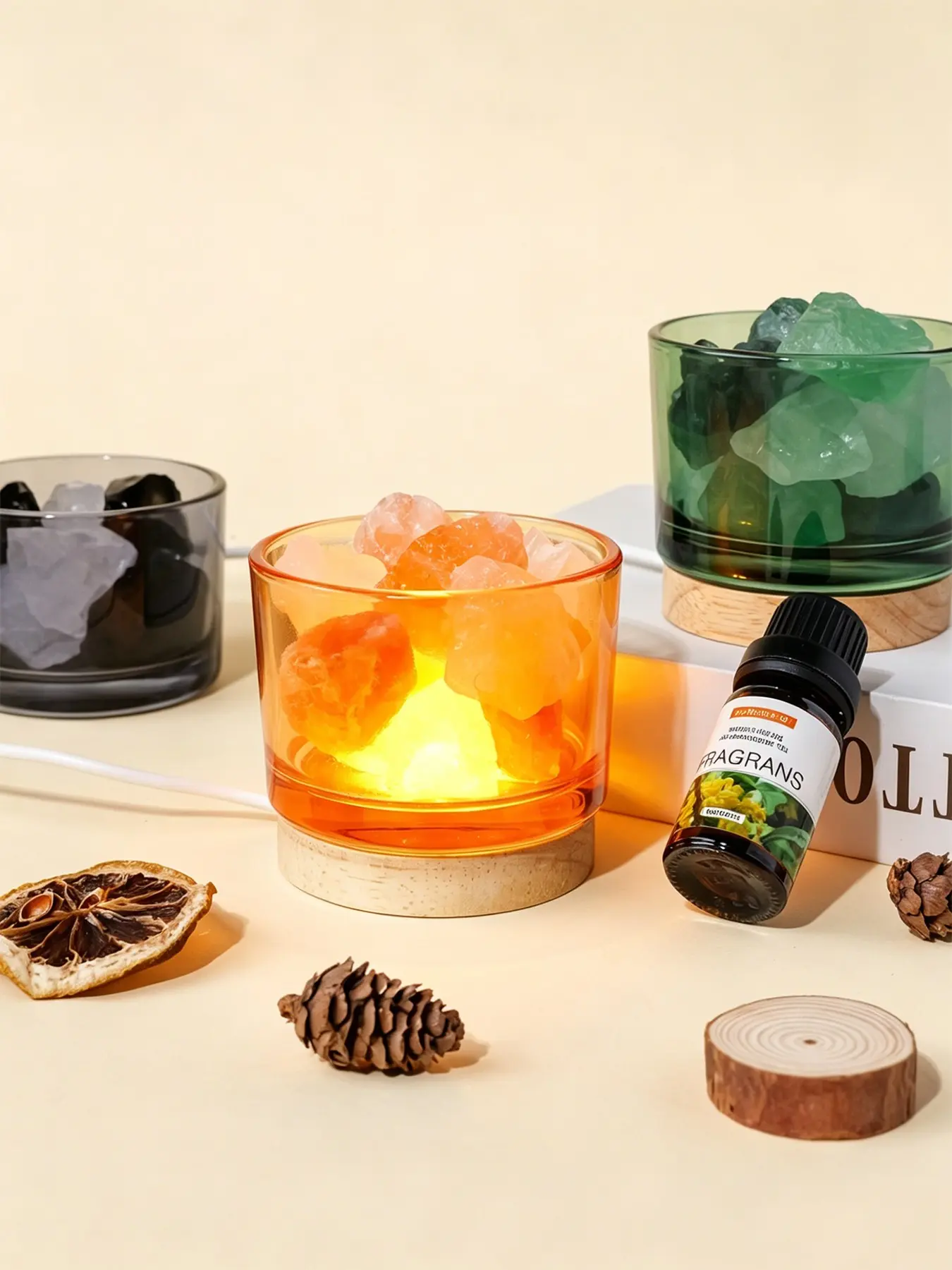 Natural Crystal Himalayan Salt Lamp with USB Base, Scented Aromatherapy Diffuser Stone, Glass Bowl Night Light, Home & Bedroom Decor, Fragrance Oil for Diffuser