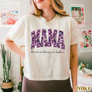 Floral Mama Boxy Tee Personalized Mom Shirt Custom Name T-Shirt Women’s Cropped Tee Mothers Day Gift for Mom Cute Vintage Style Mama Shirt