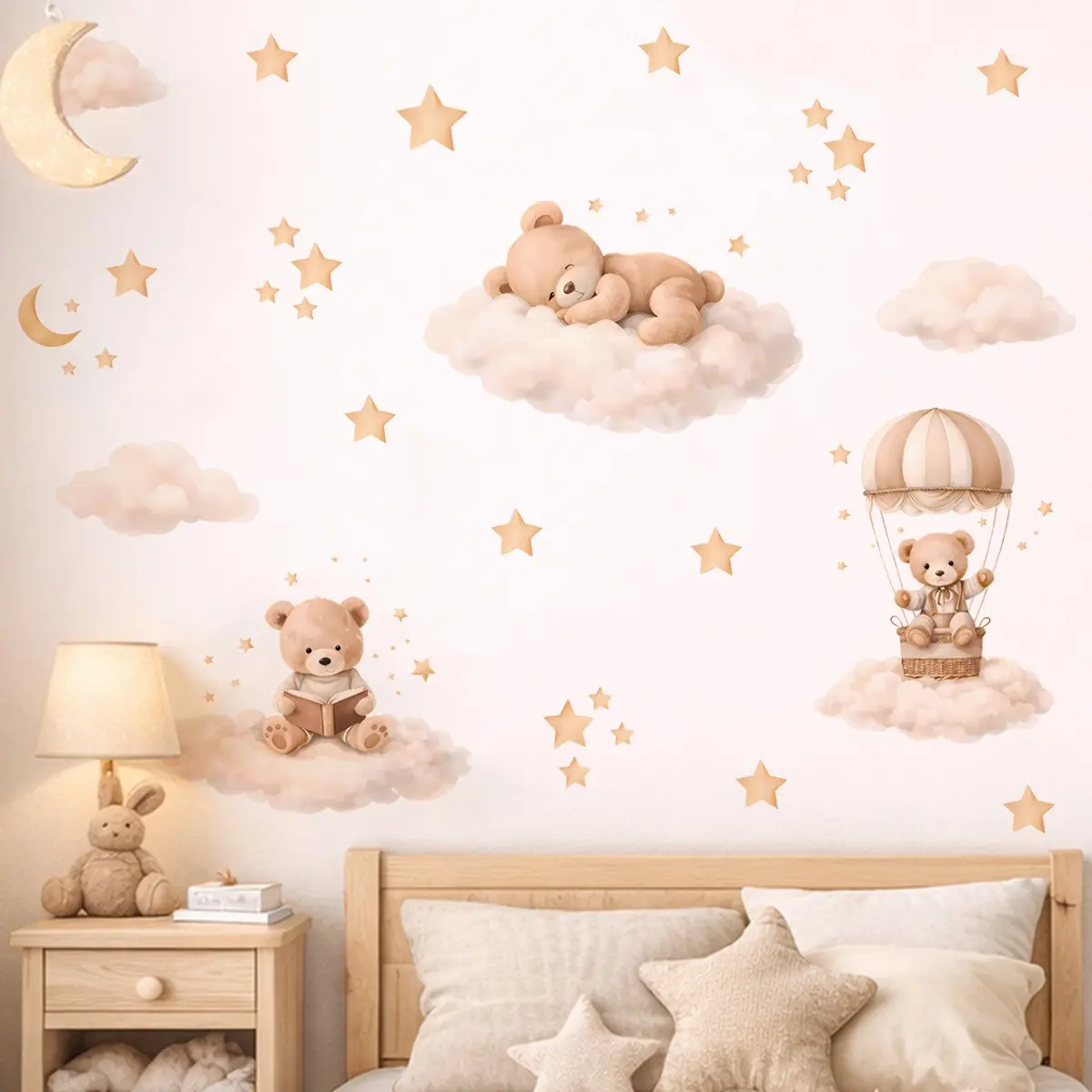 Cartoon Cloud, Star, And Bear Wall Decals — Space Theme Design, Removable, Self-Adhesive Decorative Stickers For Kids' Rooms, Living Room Backdrops, Bedroom Decor, And Home Decor Sticker Decorations