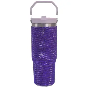 Cupcupmore 30 oz Purple Bling Rhinestone Stainless Steel Glitter Sippy Tumbler Vacuum Insulated Thermal Water Bottle with Flip Straw & Lid &Handle, Leakproof Sparkly Car Cup Holder for Drinks & Coffee, Keeps Cold 12 Hours for Office, Gym, Travel