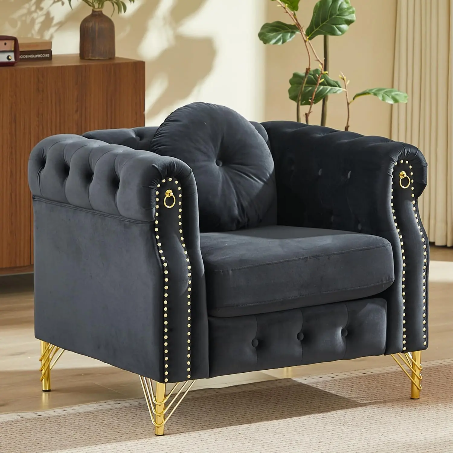 37" Velvet Chesterfield Single Sofa Chair with Rolled Arms & Nailhead Trim, Modern Upholstered 1-Seater Button Tufted Couch with High Resilience Cushion & 1 Pillow for Living Room, Black