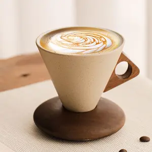 Retro Ceramic Coffee Mug Set, Elegant Small Wooden Cup with Solid Wood Handle & Coaster, Perfect for Home, Restaurant, Party, Office Use, 250ML, Coffee Cups Gift