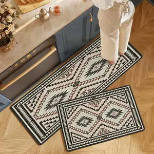 Southwestern Aztec Floor Mats Kitchen, Non-Slip Rubber Backing Non-Woven Fabric Runner, Water-Absorbent Stain-Resistant Low-Profile Washable Indoor Carpet, Cream Brown Tribal Geometric Western Cabin Decor for Sink Entryway Matting Protection