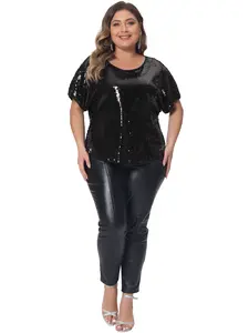 Agnes Orinda Plus Size Full Sequin Tops for Women Glitter Party Shirt Short Sleeve Sparkle Club Night Blouses