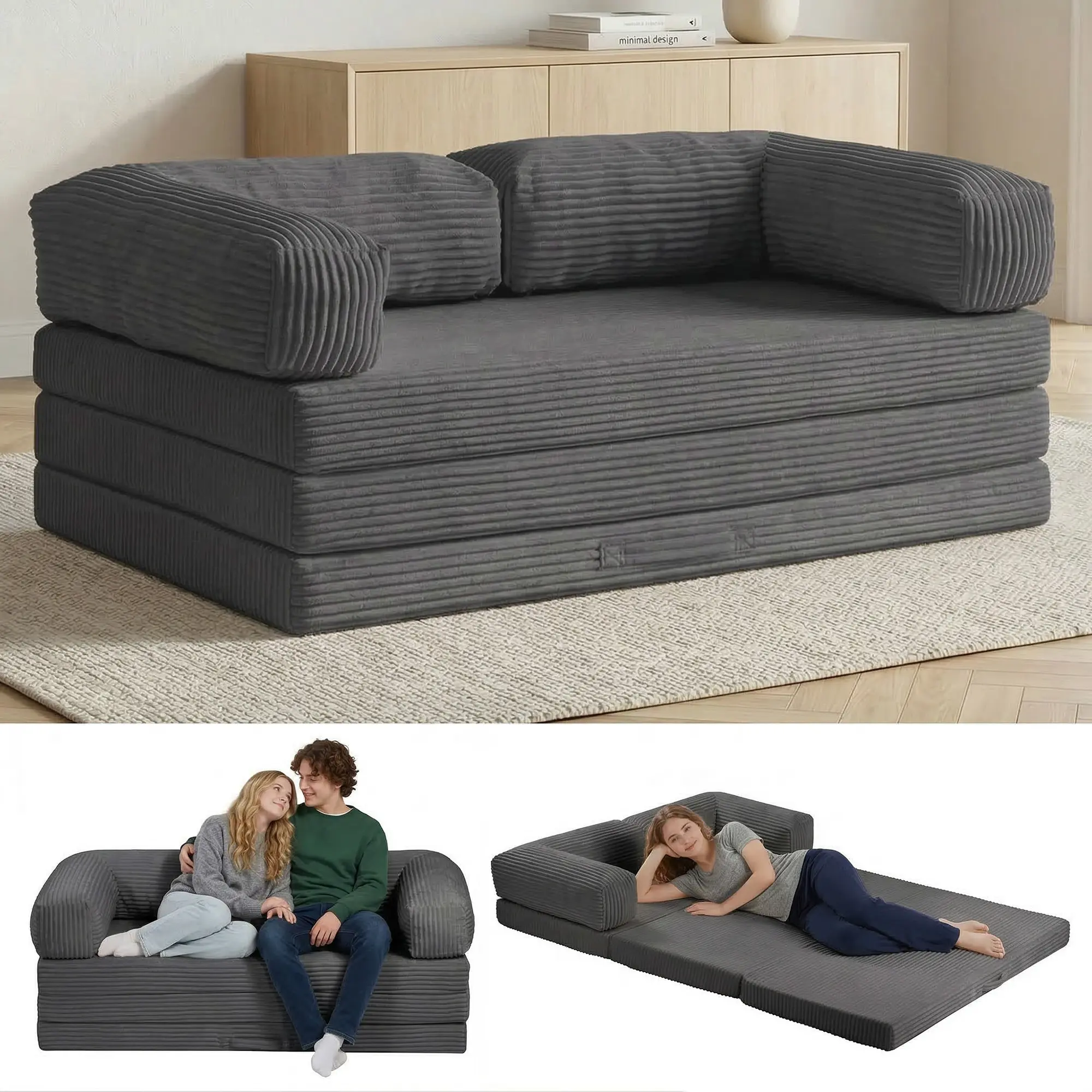 Winzoo 5-in-1 Convertible Corduroy Double-Seat Futon Sofa Bed - High-Density Versatile Flatbed Luxurious Futon Set, Folding Floor Sleeper with Pull-Out Full Size Mattress, Removable L-Shaped Armrests, Living Room Indoor Furniture, Double-Seat Futon Sets,