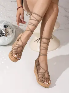 Women's Summer Lace-up Platform Wedge Sandals - Cork Sole Open Toe Gladiator Sandals, Comfortable Platform Gladiator Heels with Boho Hollow Out Design, Lightweight & Anti-Slip Resort Wear for Vacation, Casual Daily & Office Commute, Strappy Heels.
