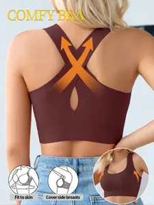 Women's Breathable Wireless Sports Bra, Hollow Out Crossed Wide Shoulder Straps, Removable Pads, Fitted, All Seasons, Sporty Style