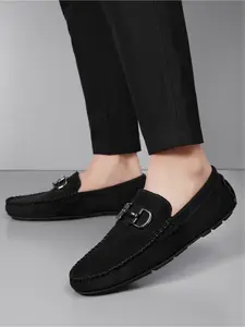 Men's Handmade Suede Slip-On Loafers, Rubber Sole Soft Lightweight Casual Driving Shoes Flat