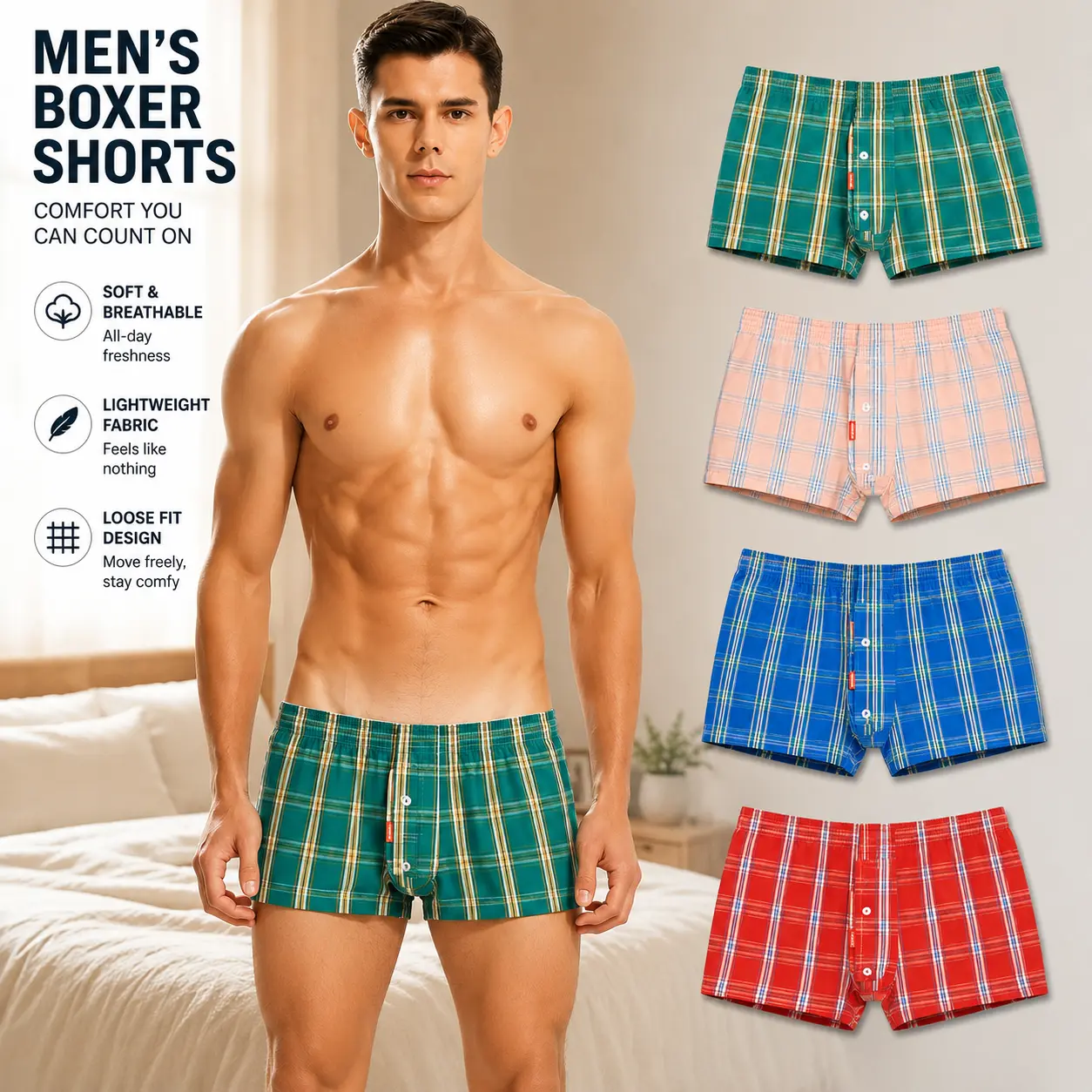 SEOBEAN Men's Plaid Boxer Shorts, Soft Lightweight Woven Underwear with Elastic Waistband & Button Fly, Relaxed Fit Sleepwear for Home, Travel & Everyday Wear-230506 Classic Cotton