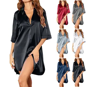 Women's Satin Button Down Sleep Shirt Dress | Half Sleeve Collared Nightgown, Loose Fit Silky Loungewear for Sleep & Casual Wear Nightwear Pajamas Elegant