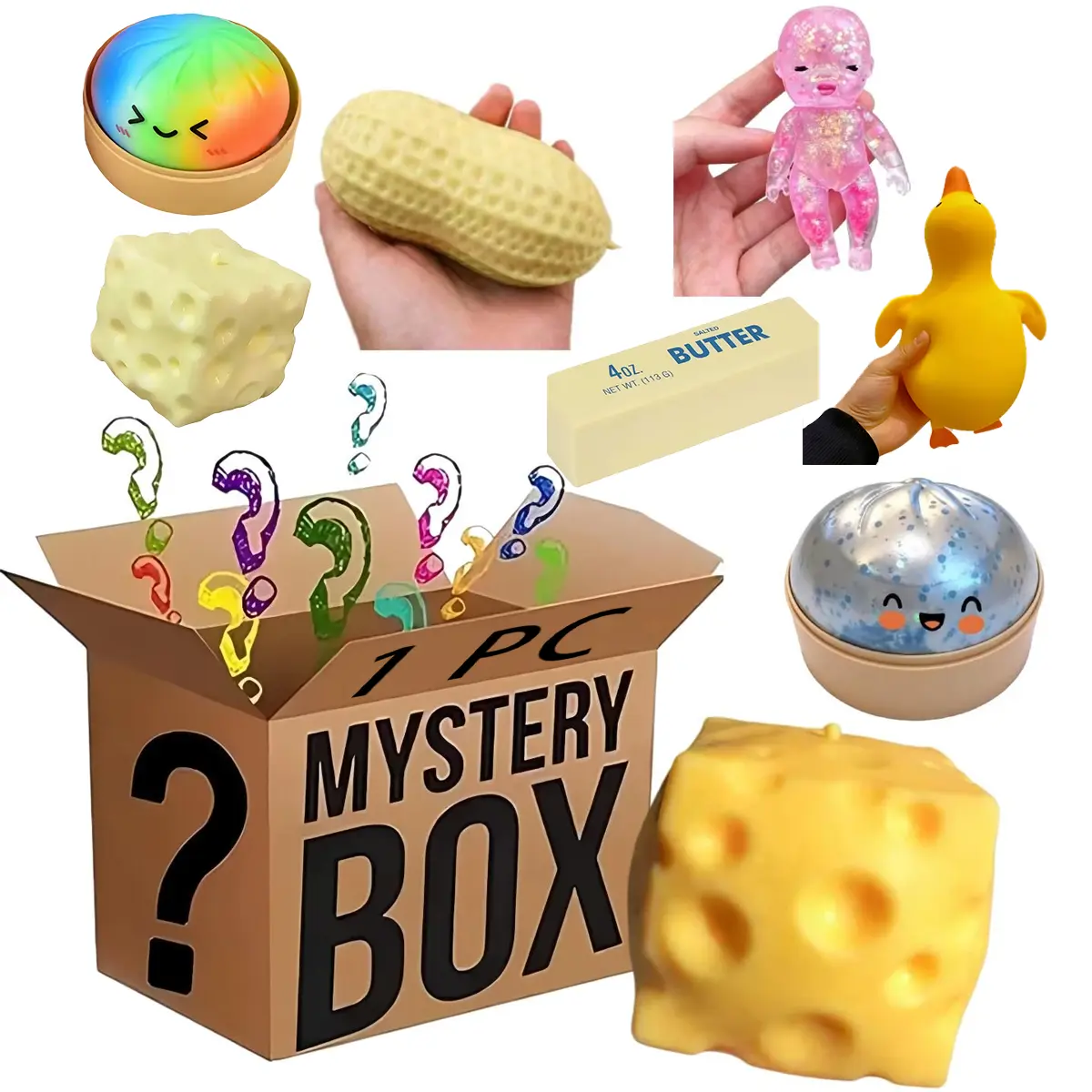 Squishy Fidget Accessory - 1pc per Blind Box, Cheese, Butter, Dumpling, Jiaozi, Baozi, Peanut, Duck, Natasha Mochi Designs, Relaxation Item (Toys & Hobbies, Classic & Novelty Stress Relief Toys)