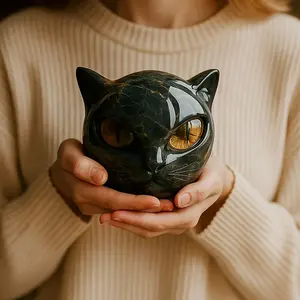 Luxury Cat Stone Sculpture, Elegant Cat Statue, Obsidian Kitten Figurine, Stylish Home Decor Gift, Creative Resin Ornament, Decorative Sculptures