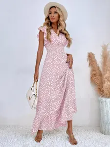 2026 Women's Bohemian Floral Print Long Dress Summer Day Sleeveless Wrap V Neck Elegant Style Beach Vacation Wedding Guest Gown