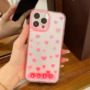 Cute Heart Pattern Aesthetic Glowing Phone Case, Voice Control Light-Up Protective Cover, Compatible with iPhone 17 16 15 14 13 12 11 Pro Max