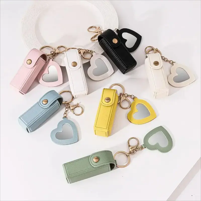 4 Pack PU Leather Lip Balm Holder, Cute Multifunctional Keychain with Mirror for Women & Girls, Portable Chapstick Storage Case for Travel, Portable Storage