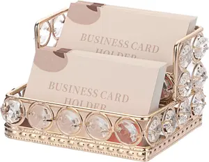 2 Tiers Crystal Business Card Holder Stand Gold Mirrored Stand Organizer for Office Countertop