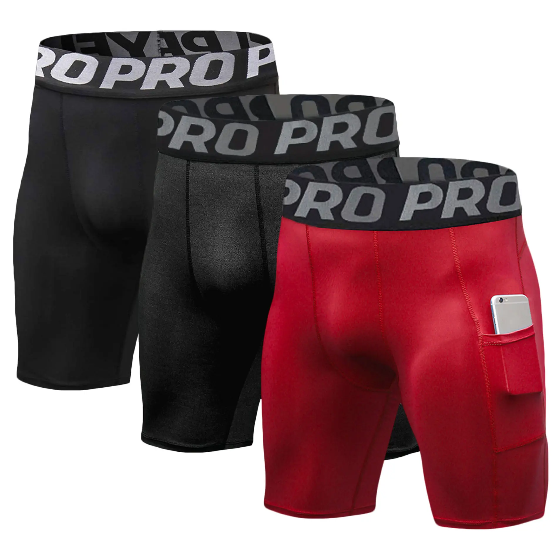 Men's 3-Pack Compression Shorts - Male Baselayer with Phone Pocket, Breathable Cool Dry Fabric, for Running, Biking, American Football, All Seasons Sports & Outdoor Athletic Underwear, Elastic Waist