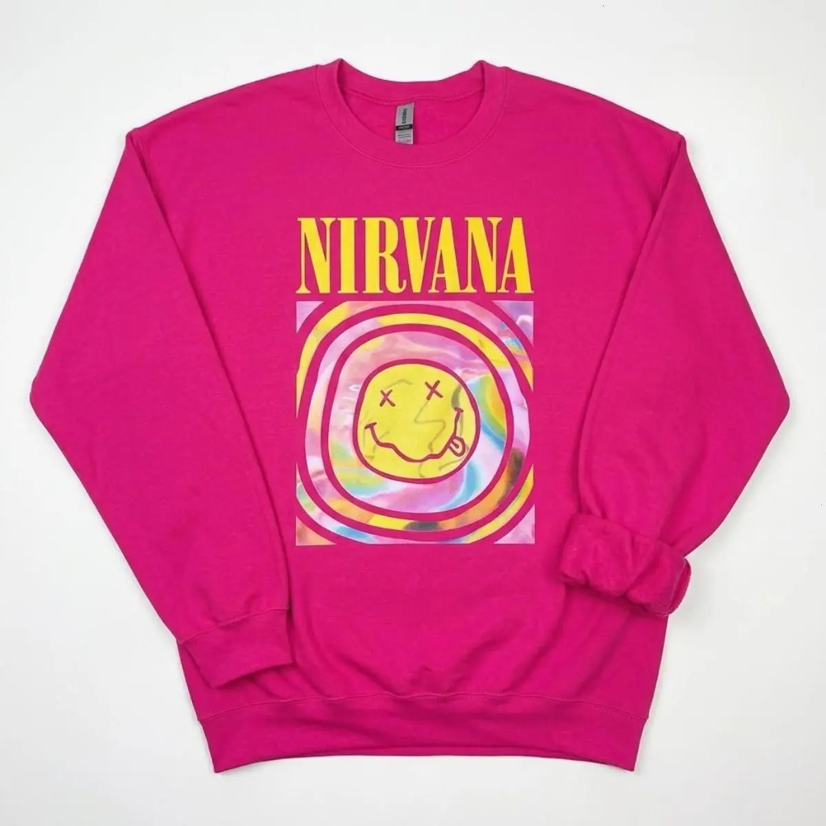Nirvana Smiley Graphic Sweatshirt, Nirvana Comfort Color Tee, Nirvana Smiley Sweatshirt, Preppy 90’s Utero T-shirt, Classic Hoodie, Gift For Her, Nirvanaa Tour Album Merch, Unisex Hot Pink Crewneck, Vintage Rock Band Sweater