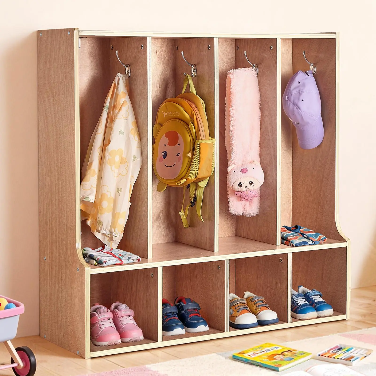 【SummerFinds】VEVOR Natural Rectangular 4-Section Kids Wooden Coat Locker - Single Unit, Reinforced Floor Cubby Storage Organizer, 8 Hooks, Non-Slip Mat, 4 Small Open Boxes, Quick Set-Up, Anti-Tipping for Home, Playrooms