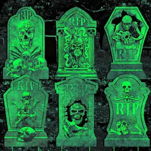 6 Pack Fluorescent Tombstones with Stakes Realistic Scary Skulls Outdoor Yard Signs Halloween Party Decorations Green Glow-in-the-Dark Design Unisex Set Spooky Ornaments