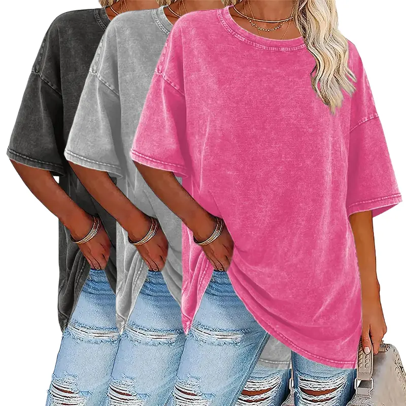 Women’s washed T-shirt, heavyweight pure cotton, vintage loose fit, short sleeves, casual street style basic crew neck top