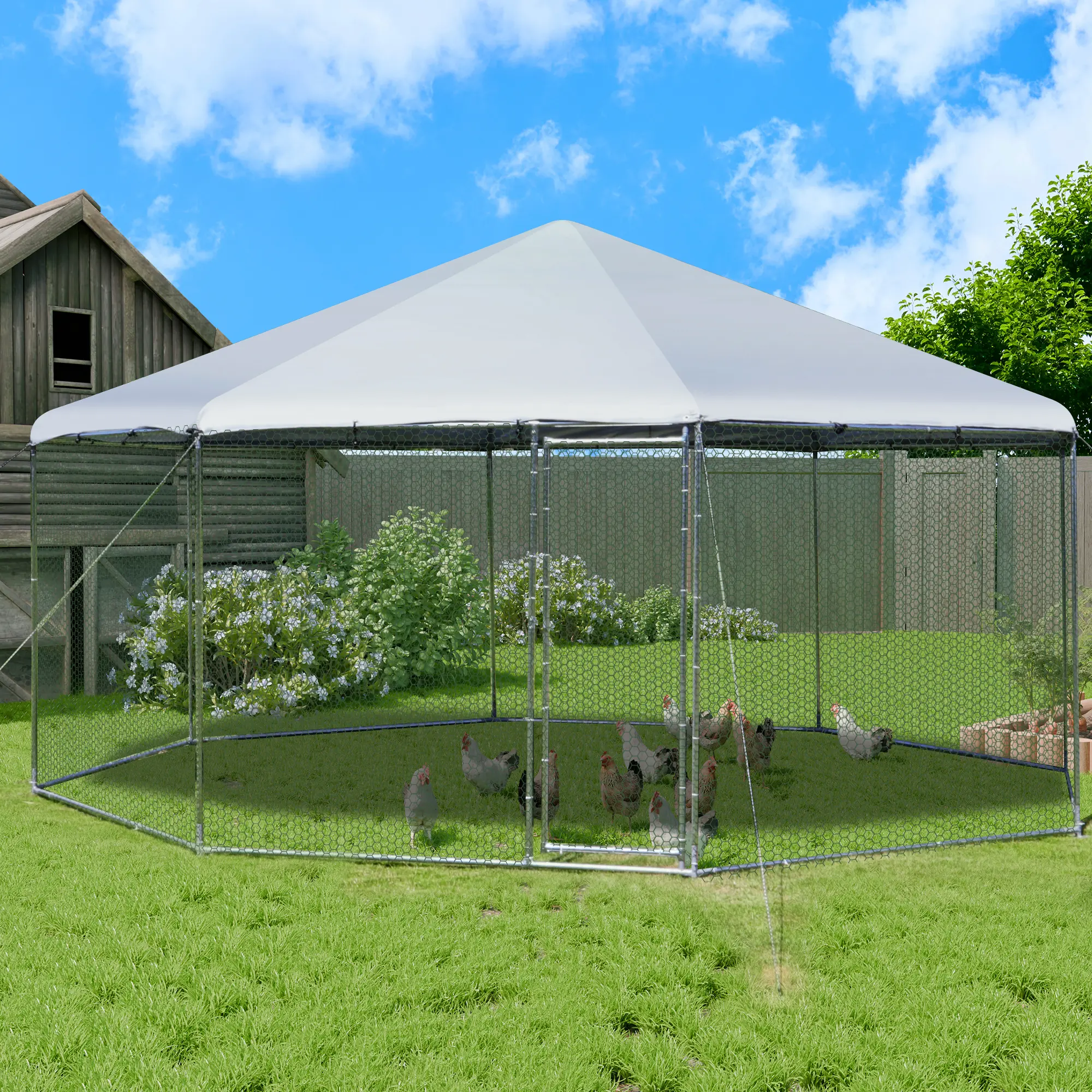 Topwin Large Octagonal Metal Chicken Coop - Enclosed Outdoor Pet Enclosure with Wire Mesh, Water-Resistant Tarp for Ducks, Rabbits, Yard Use (Farm & Poultry Supplies)