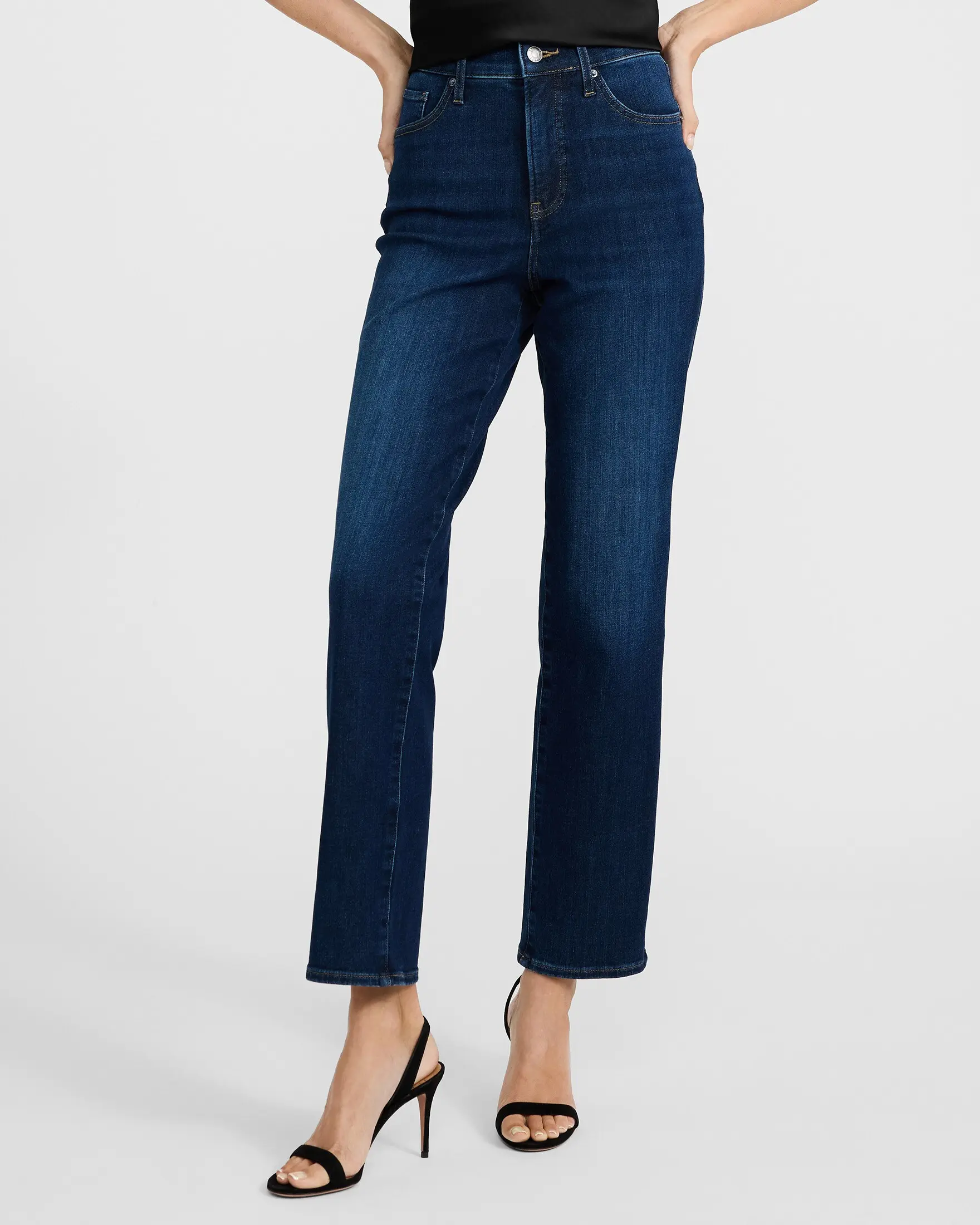 Express High Waisted Straight Ankle Medium Wash Jeans in Hyper Stretch