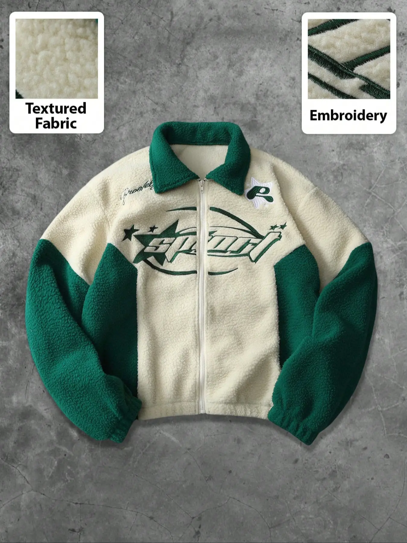 Unisex design, urban streetwear style, autumn and winter color-blocked faux lamb fur jacket with thermal fleece lining and “Sport” pattern embroidery, Loose-fitting collar with zipper for winter outfits, hip-hop, campus styles, and Y2K fa, Coats