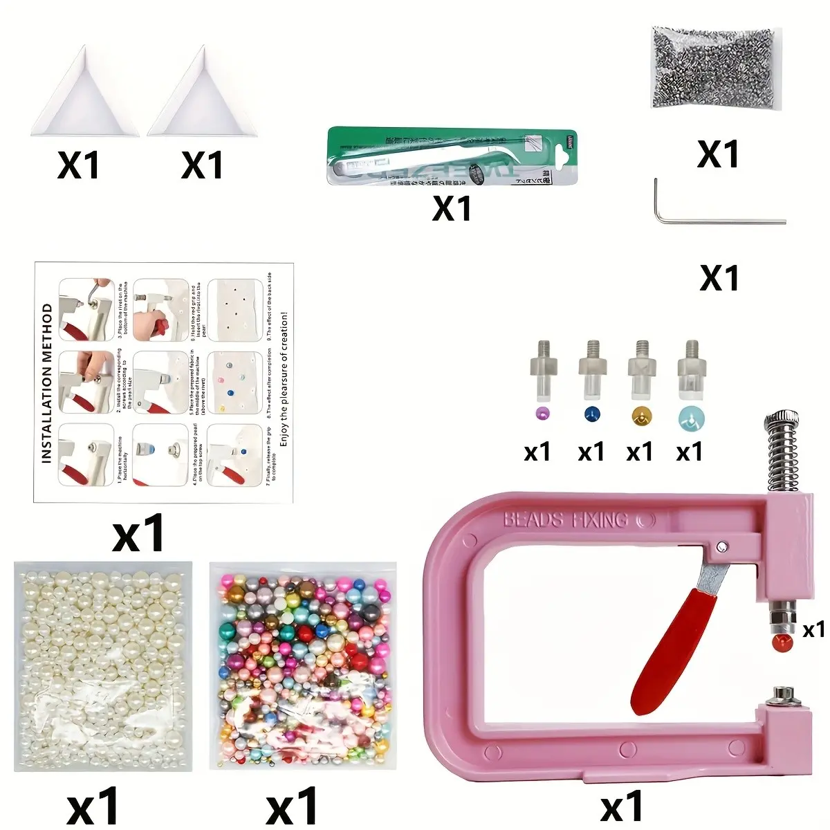 Pearl Setting Kit – 1,000 Round Pearl Studs (5 Sizes), Versatile Attaching Tools and Attachment for Hats, Shoes, Clothing & DIY Crafts, Perfect for Creative Projects