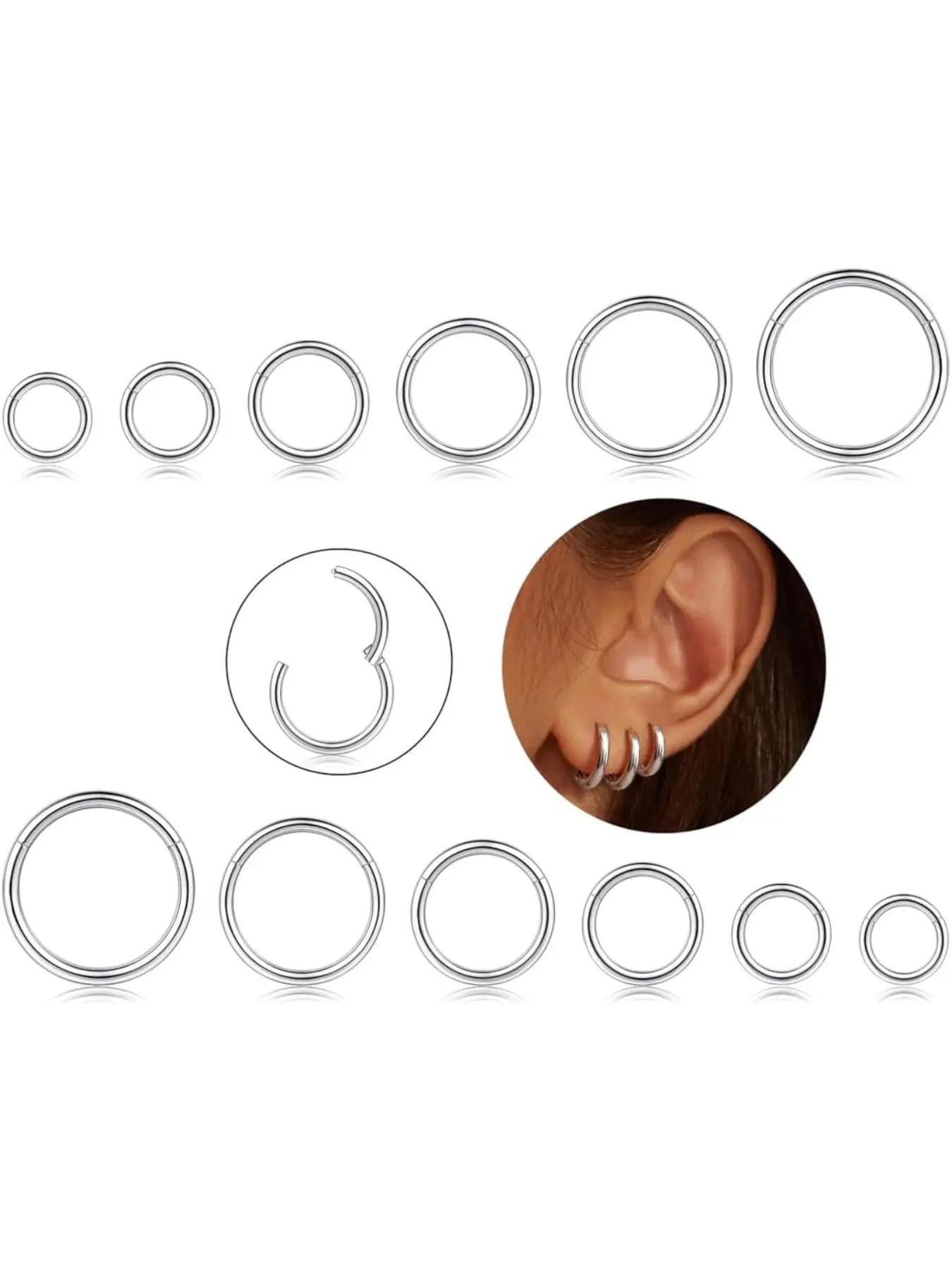 12Pcs 16G Steel Hinged Clicker Segment Nose Rings Hoop Helix Cartilage Daith Ohr Tragus Lip Sleeper Earrings Body Piercing Jewelry 6-16MM Helix Pierced Ring Hinged Nose Hoops
