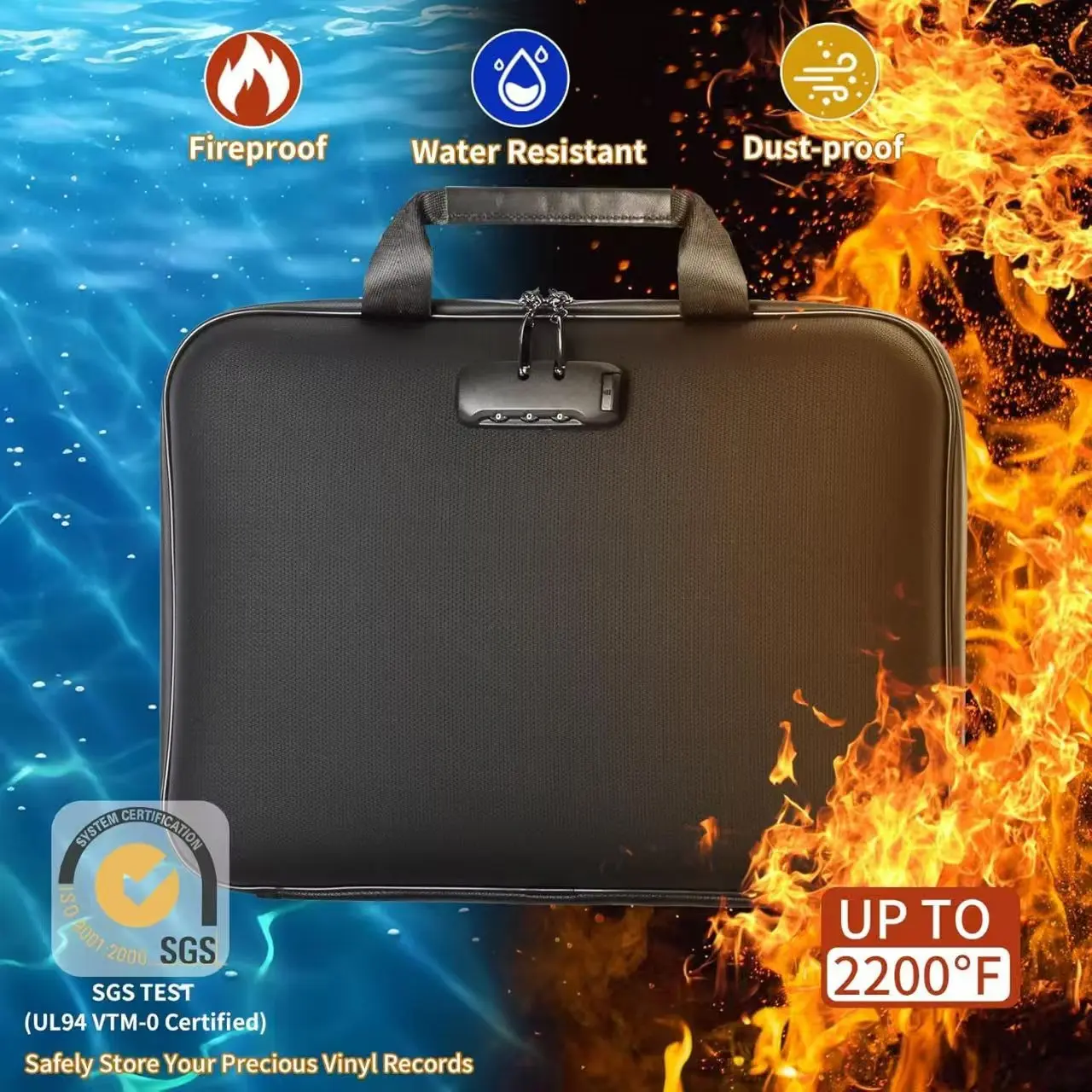 Fireproof Waterproof Dust-Proof Vinyl Record Storage Box, 2200°f Heat Resistant File Bag, Fireproof File Organizer, Ideal for Valuable Items and Documents