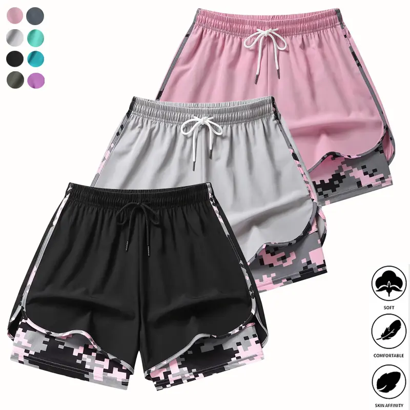 Women’s 3-Pack 2-in-1 5-Inch Above Knee Camo Athletic Shorts, Anti-Exposure Active Bottoms with Inner Pocket, Quick Dry Breathable Lightweight Elastane-Polyester Blend, Adjustable Drawstring Waist for Fitness, Running