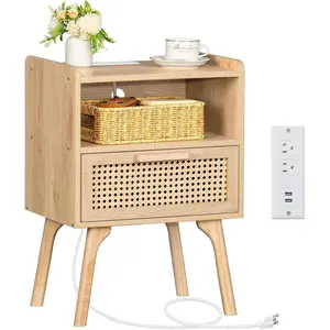 Rattan Nightstand with  Station, Boho Side Table with Drawer Open Shelf, Cane Accent Bedside End Table for Bedroom, Dorm and Small Spaces