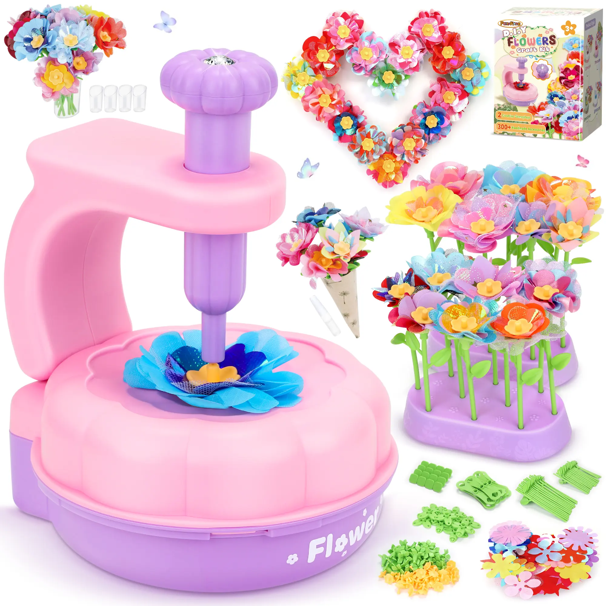Fabric Flower Bouquets Toys-300pcs Flower Making Kit for Kids with Embossing Machine & Reusable Accessories Educational STEAM Toys for Preschool