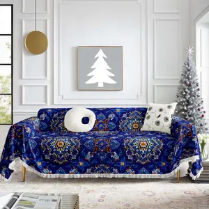 Bohemian Style Fringe Sofa Throw Blanket, Vintage Art Atmosphere for Living Room, Full Coverage Pet Scratch-Resistant Couch Cover, Soft Sofa Protector, Sofa Slipcover