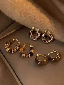 Three-piece Tiger's Eye Earrings, Dangle Earrings Set, Earring Stacking Set, Retro Light Luxury Style, Natural Tiger's Eye with Gold-brown Luster/Hypoallergenic Metal Hooks, for Daily Commute/Gala, Suitable for Mature Women Loving Retro Jewelry