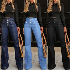 Women's Plain Button Pocket Flare Leg Jeans, Casual Basic Bell Bottom Denim Trousers for Daily Wear, Pants, Ladies Bottoms for All Seasons, Everyday Womenswear, High Rise Stretchy Casual Fashion Denim Jeans