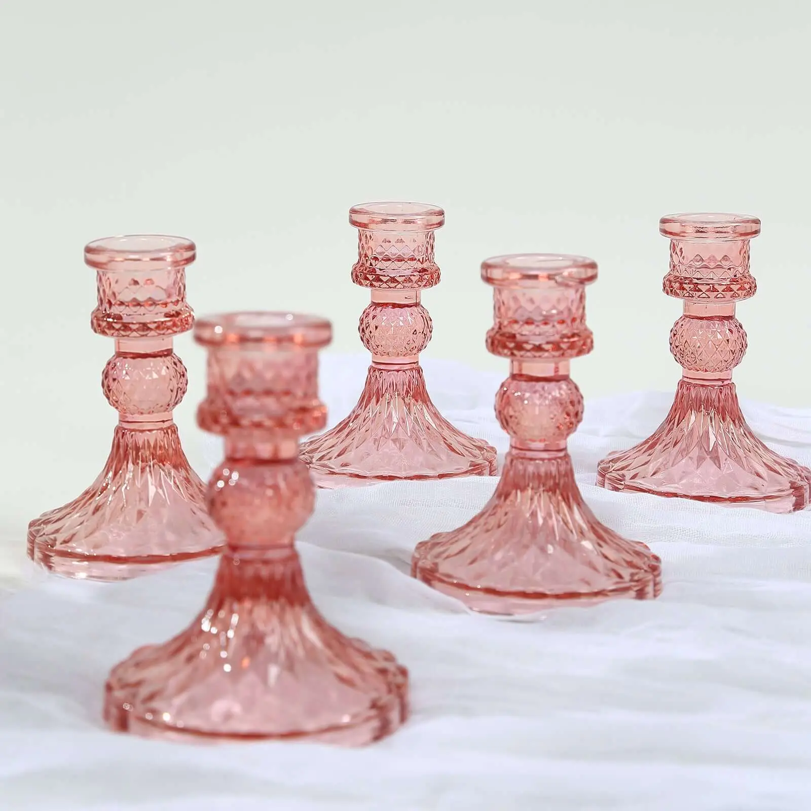 6-Pack 4 inches Diamond Pattern Dusty Rose Glass Taper Candlestick Holders - Reversible Crystal Pillar Votive Stands for Home Accessories, Engagement, Table Decor, Window, Birthday