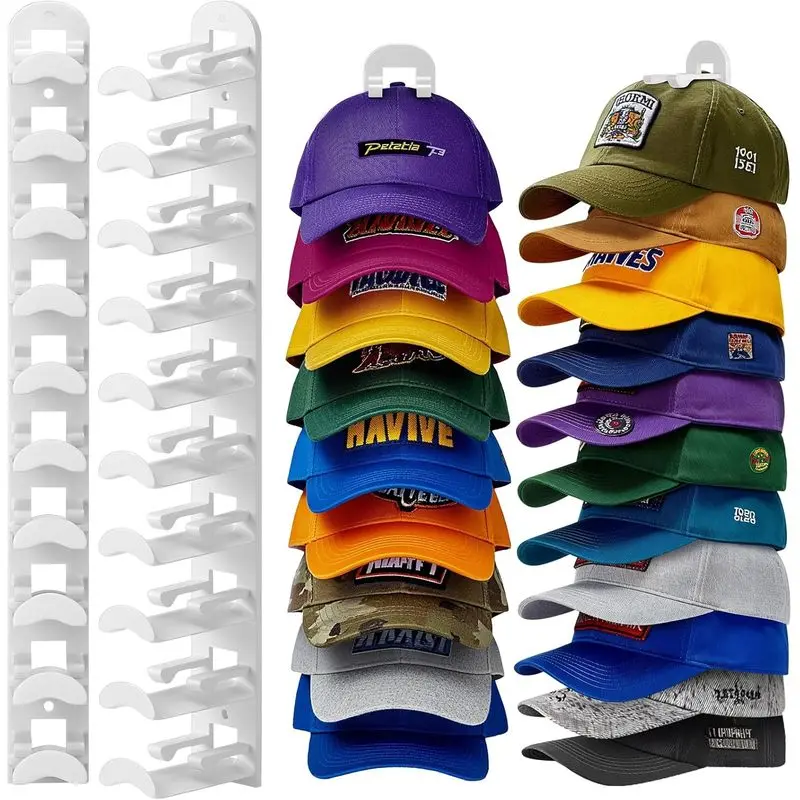 2 Pack Hat Organizer for Baseball Caps, Hat Rack for Wall Hold Up to 20 Hats, Hat Holder with and Screws, Hat Organizer Wall Mounted Hat Hanger Display for Door Closet Bedroom(B-White)