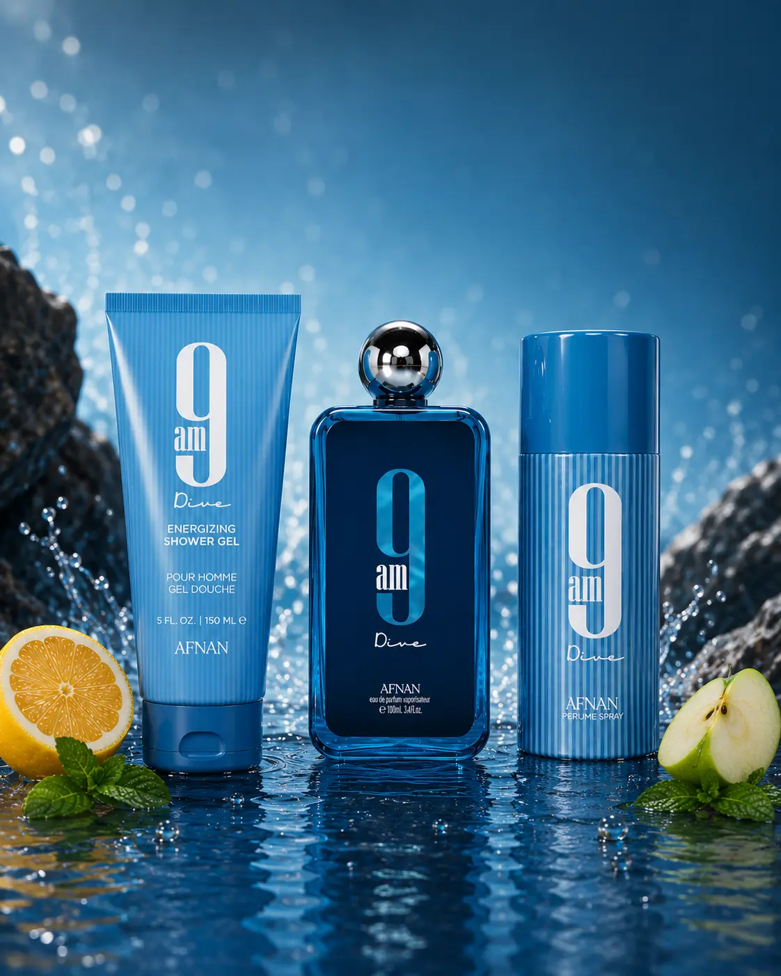 Afnan 9AM Dive Men's Fragrance Gift Set - 3.4 oz EDP Spray, 5.0 oz SG, 5.0 oz DEO Spray, Men's Cologne Bundle