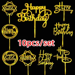 10 Pcs 32 Styles Happy Birthday Dessert Cake Topper Pink Gold Acrylic Cake Toppers Baby Shower Cake Birthday Party Cake Flag Decorations