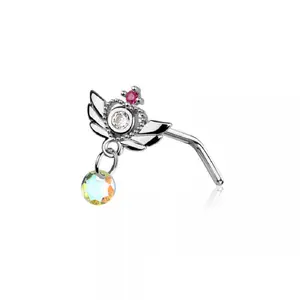 Winged Heart with Dangling Gem L-Bend Nose Stud - 316L Stainless Steel