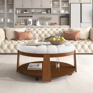 【GOOGREAT】Modern Large Round Ottoman Coffee Table 2-Tier Oversized Button Tufted Ottoman with Wood Shelf Storage Upholstered Coffee Table for Living Room Footrest Ottoman with wheel, waterproof Linen