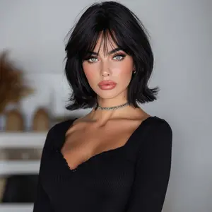 SMILCO/8Inch Small Lace Front Part Black Short Curly Synthetic Wig With Bangs/SM1684