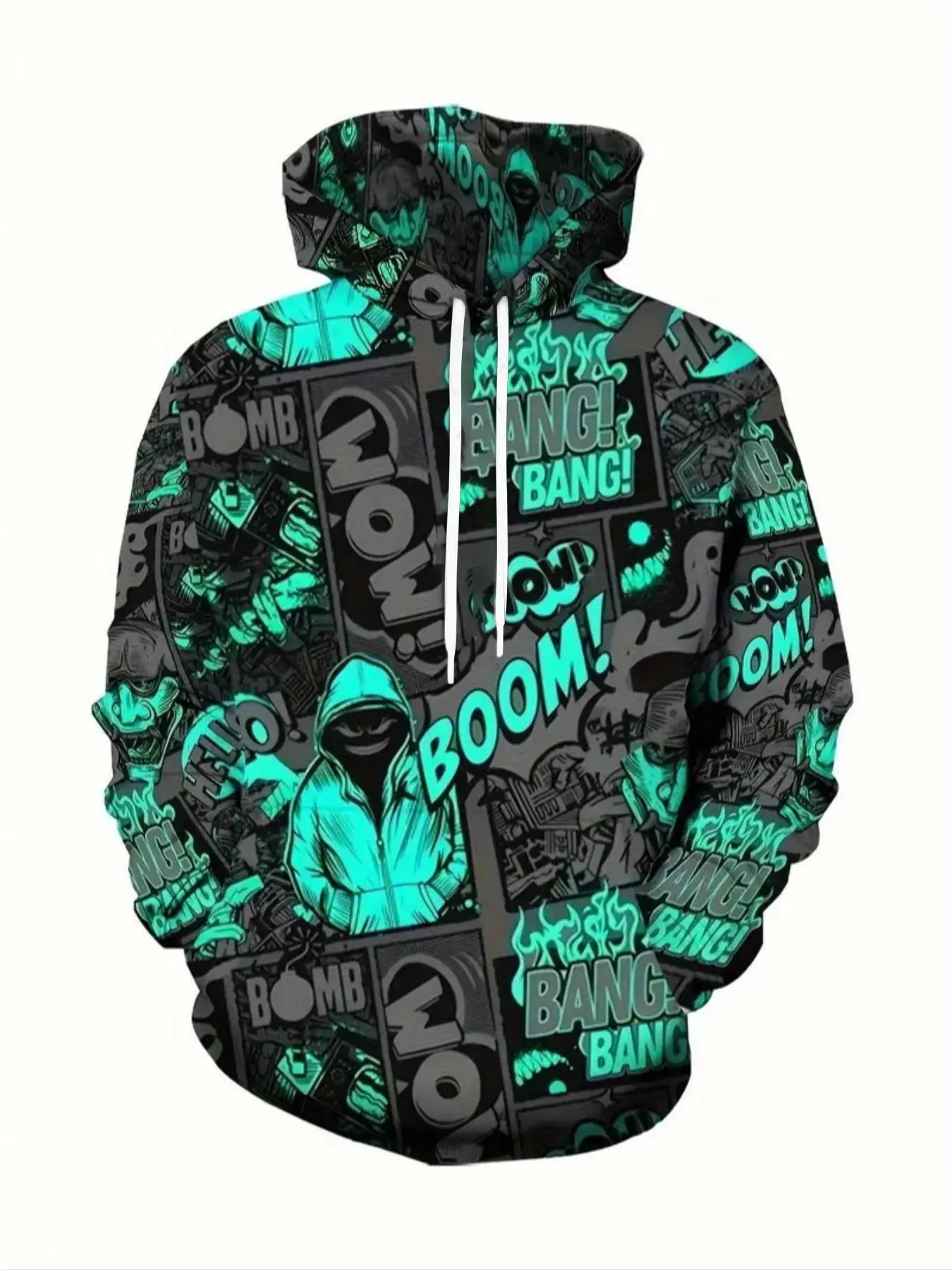 Men's High Street Style 3D Digital Graphic Print Hoodie, Dark Graffiti Cartoon Design, Drawstring Cap, Pocket Detail, Casual Sweatshirt, Graphic Streetwear Clothing, Drawstring Pocket Hoodies