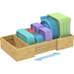 Bamboo Expandable Lid Organizer for Cabinet, 3 Adjustable Dividers for Plastic Lids, Large Food Storage Container Lid Holder for Drawer Countertop Pantry Kitchen Organizer