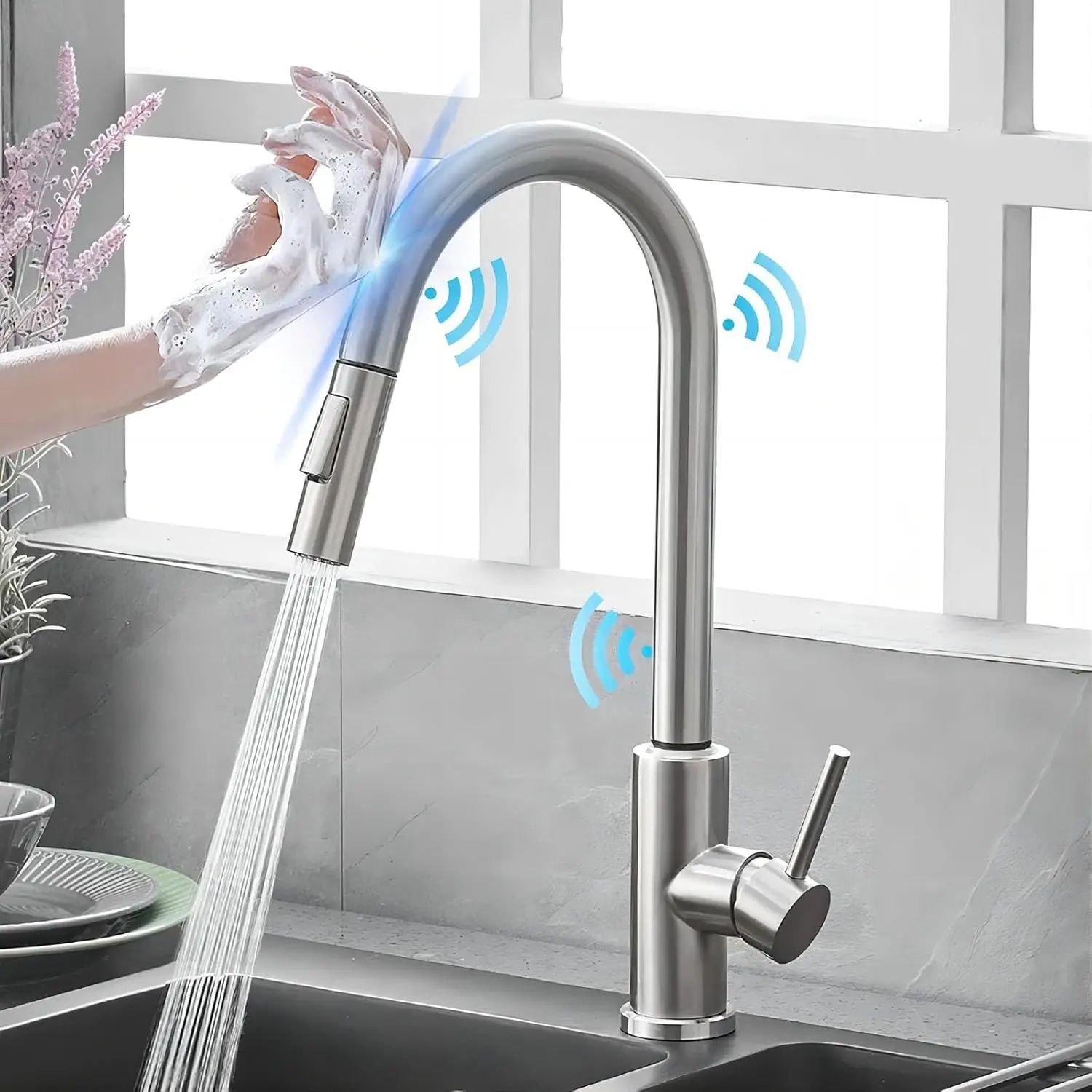 Modern Touch Sensor Stainless Steel Tap - Single-Handle Pull-Out Sprayer Sink Faucet with 2 Spray Modes, 360° Swivel Mixer, Brushed Finish, Matte Finish, Brushed Kitchen Taps, Matte Kitchen Taps
