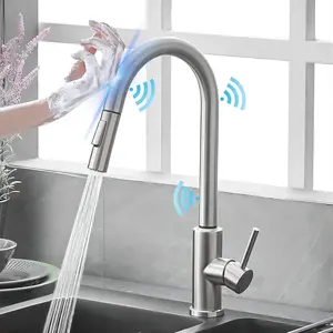 Touch Sensor Kitchen Faucet, Pull-Out Sprayer Sink Faucet, 2 Spray Modes, Stainless Steel Single-Handle Mixer with 360° Swivel Function