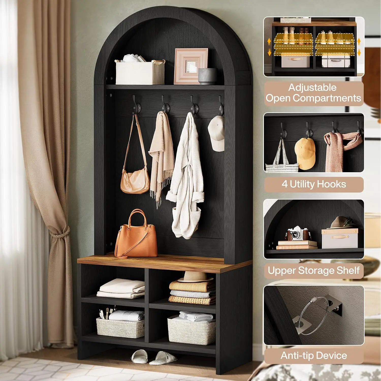 Tribesigns Arched Hall Tree with Bench and Shoe Storage, 70.87" H Tall Coat Rack with Shoe Bench, 4-in-1 Entryway Coat Rack with 4 Hooks & Storage Cubbies, for Mudroom, Hallway, Bedroom, Black＆ Brown homeessentials homedecor