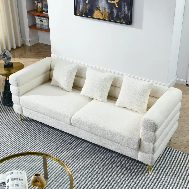 Buccleuch 81-Inch Oversized 3-Seater Modern Upholstered Sofa - White Teddy Fabric, Classic Art Deco Design, Gold Polished Metal Legs, 3 Lumbar Pillows, Sturdy Comfy Couch for Living Room, Fast Delivery